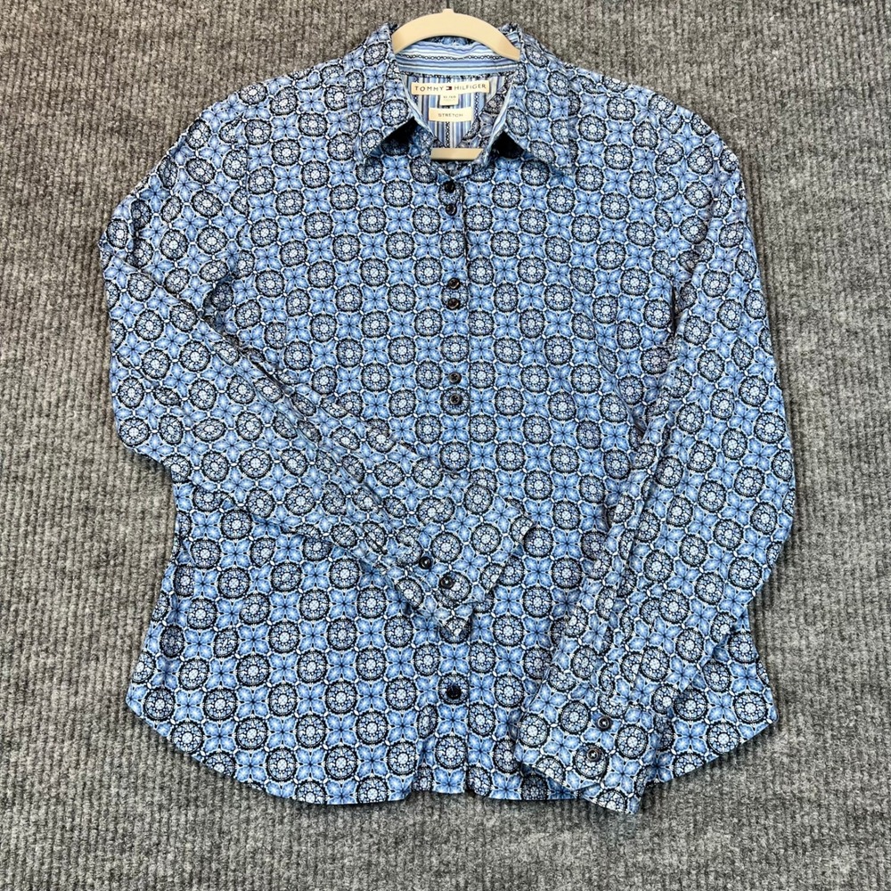 Tommy Hilfiger Button Down Shirt Cotton Stretch Blue Geometric Tile XL Womens